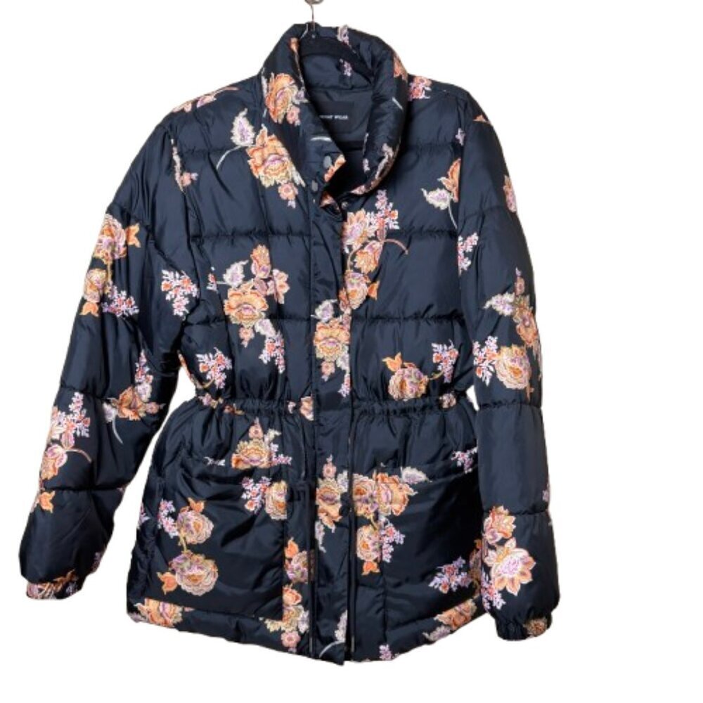 WHO WHAT WEAR Cinch Waist Floral Black Quilted Puffer Size large